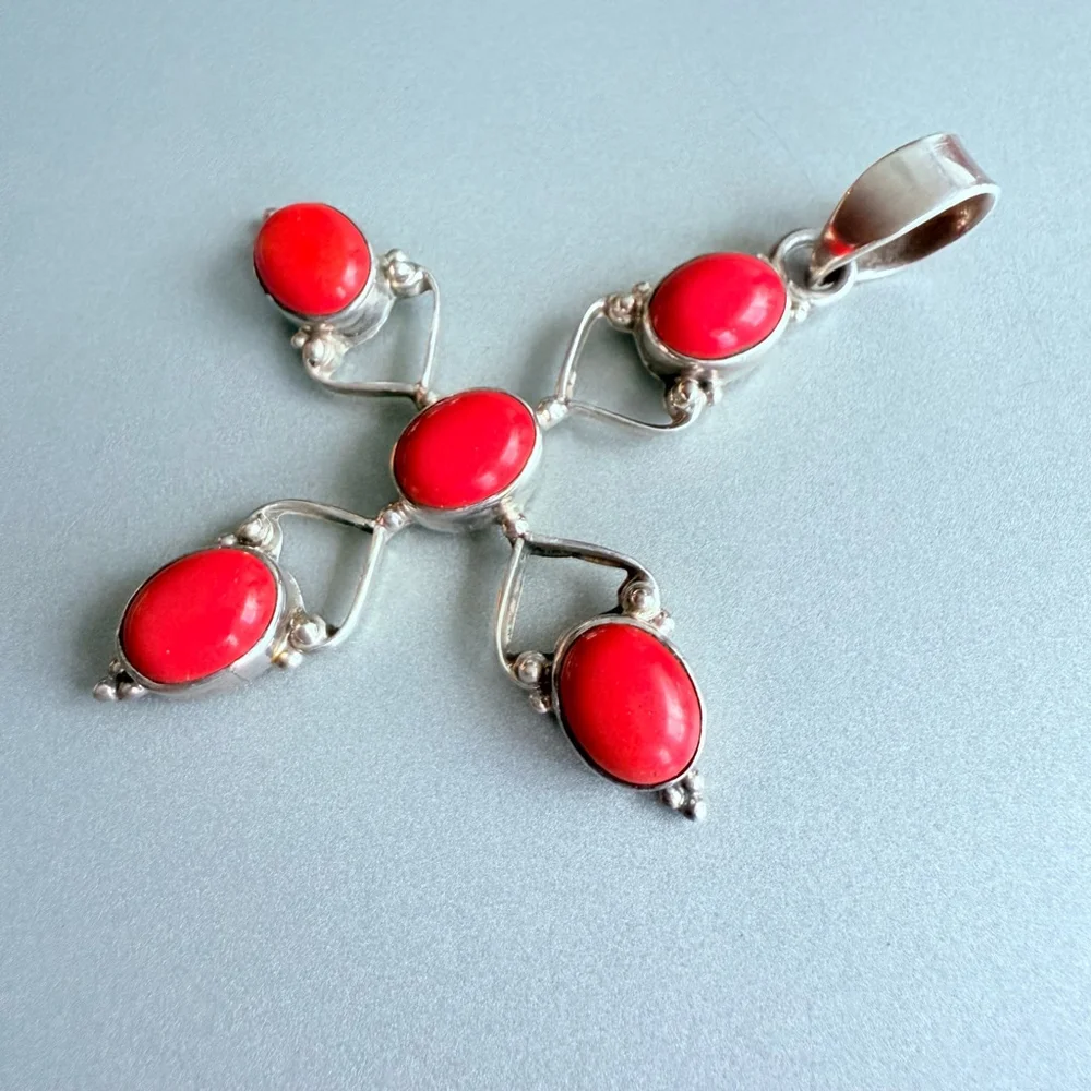 Artisan Large Cross Sterling Silver 925 Heart Red Coral Gemstone 3" Pendant - Picture 2 of 6